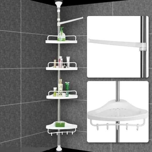 Etajeră de colț pentru baie, tip organizator multifuncțional cu 4 rafturi ajustabile și cârlige, tijă inox