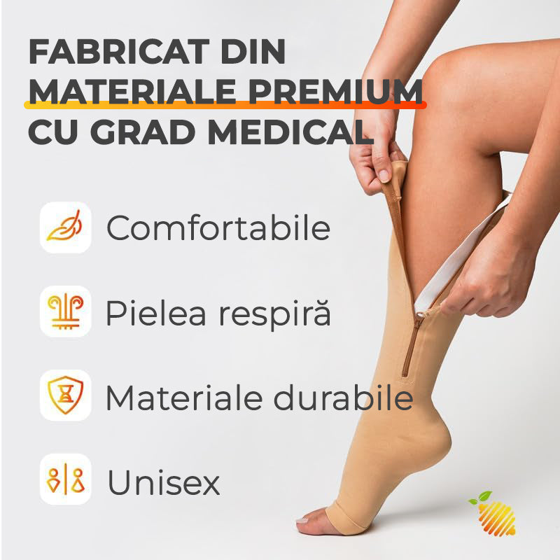 Șosete de compresie fără degete, cu fermoar, Antidurere, bej/negru – alină și redu umflăturile rapid